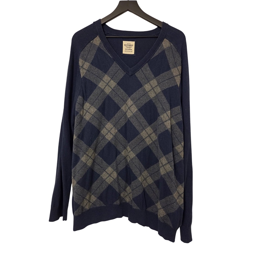 Old Navy‎ Mens V Neck Argyle Long Sleeve Sweater XXL Large Blue Gray Casual